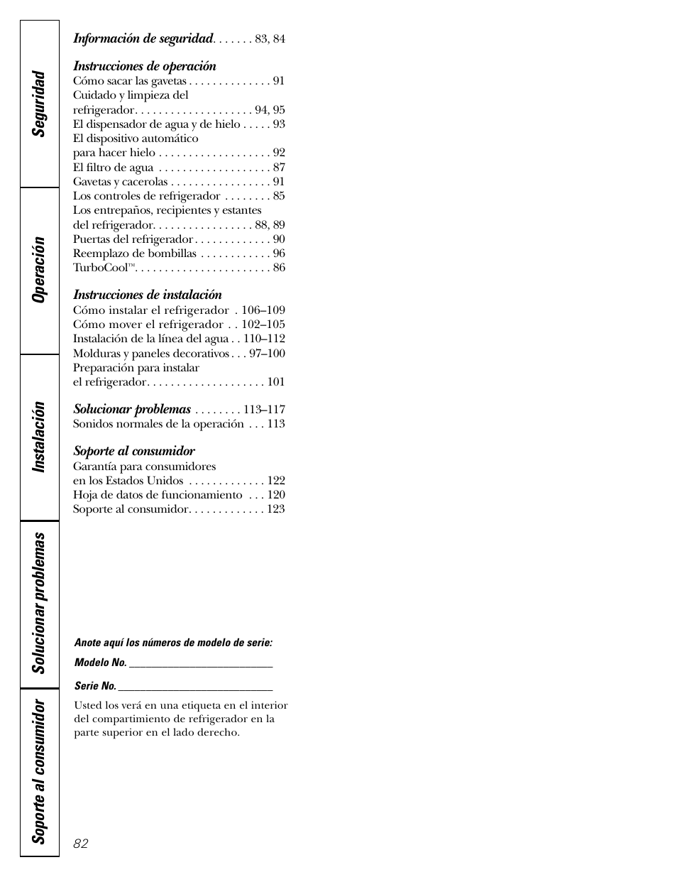 Spanish table of contents, Instrucciones de operación, Instrucciones de instalación | Soporte al consumidor | GE 200D2600P043 User Manual | Page 82 / 124