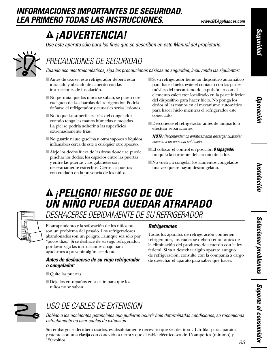 Información de seguridad, Advertencia, Precauciones de seguridad | Deshacerse debidamente de su refrigerador, Uso de cables de extension | GE 200D2600P043 User Manual | Page 83 / 124