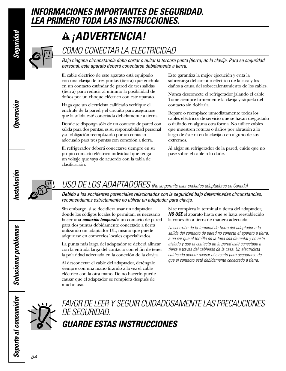 Advertencia, Como conectar la electricidad, Uso de los adaptadores | GE 200D2600P043 User Manual | Page 84 / 124