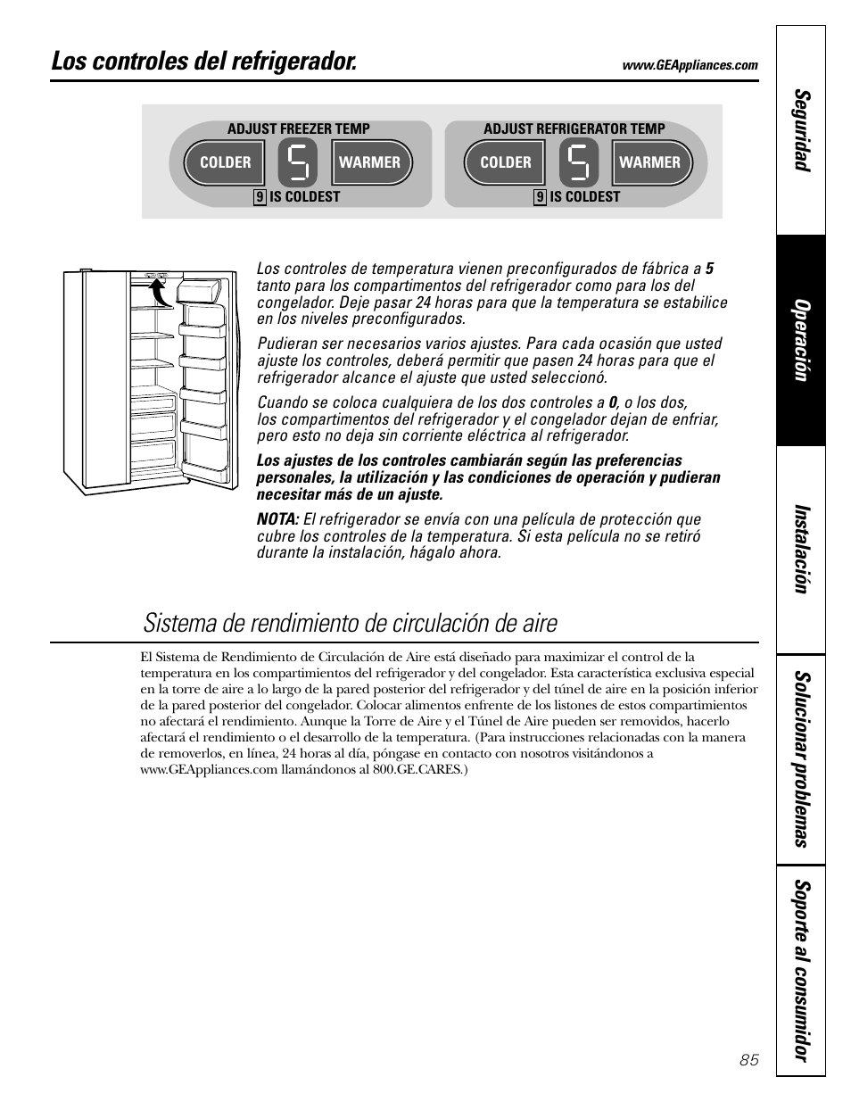 Los controles de refrigerador, Los controles del refrigerador, Sistema de rendimiento de circulación de aire | GE 200D2600P043 User Manual | Page 85 / 124