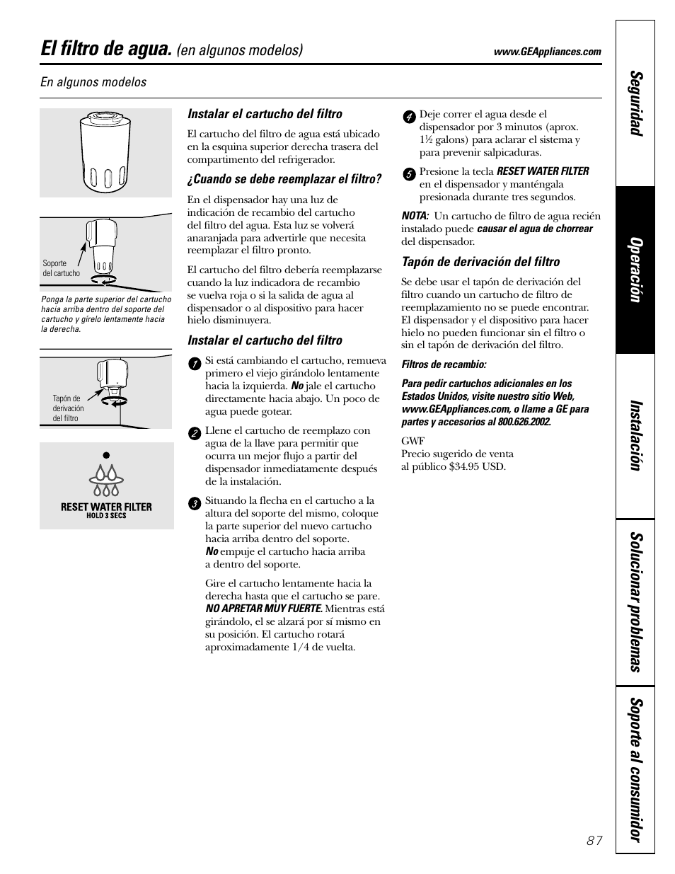 El filtro de agua, En algunos modelos) | GE 200D2600P043 User Manual | Page 87 / 124