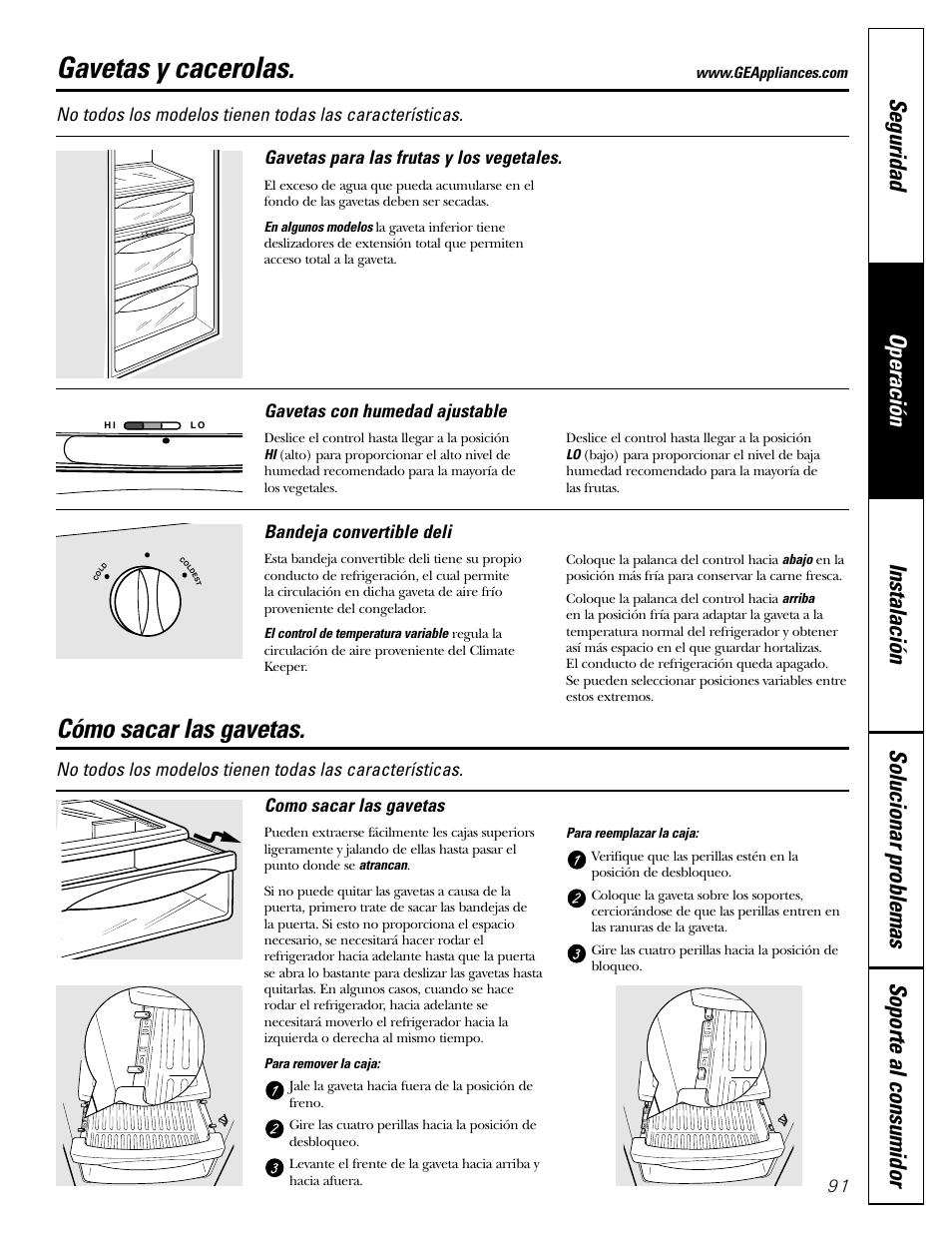 Cómo sacar las gavetas, Gavetas y cacerolas | GE 200D2600P043 User Manual | Page 91 / 124