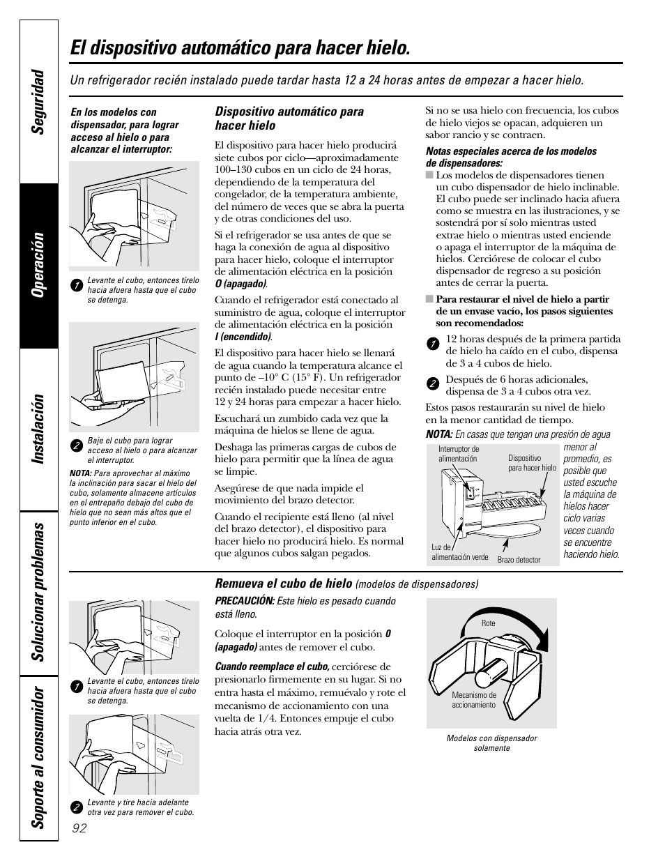 El dispositivo automático para hacer hielo | GE 200D2600P043 User Manual | Page 92 / 124