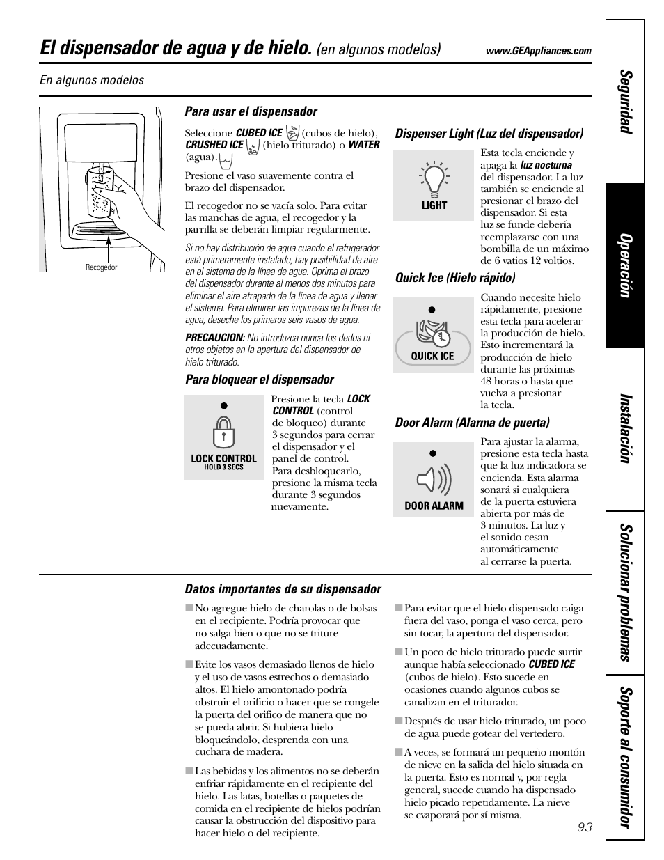 El dispensador de agua y de hielo, En algunos modelos) | GE 200D2600P043 User Manual | Page 93 / 124