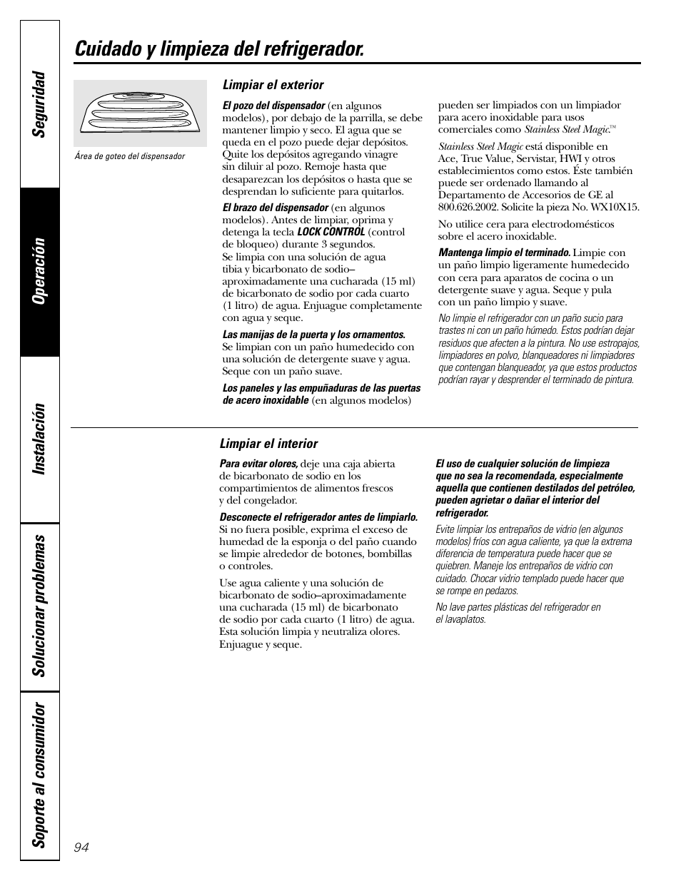 Cuidado y limpieza del refrigerador, Cuidado y limpieza del refrigerador , 95 | GE 200D2600P043 User Manual | Page 94 / 124
