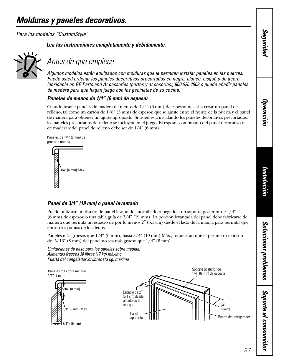 Molduras y paneles decorativos, Molduras y paneles decorativos –100, Antes de que empiece | GE 200D2600P043 User Manual | Page 97 / 124