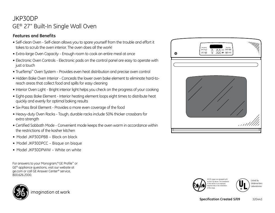 Jkp30dp, 27" built-in single wall oven | GE JKP30DPCC User Manual | Page 3 / 3
