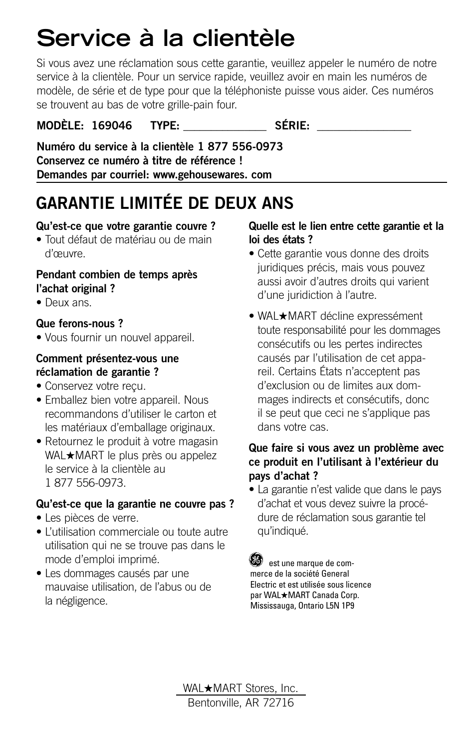 Service à la clientèle, Garantie limitée de deux ans | GE 169045 User Manual | Page 12 / 18