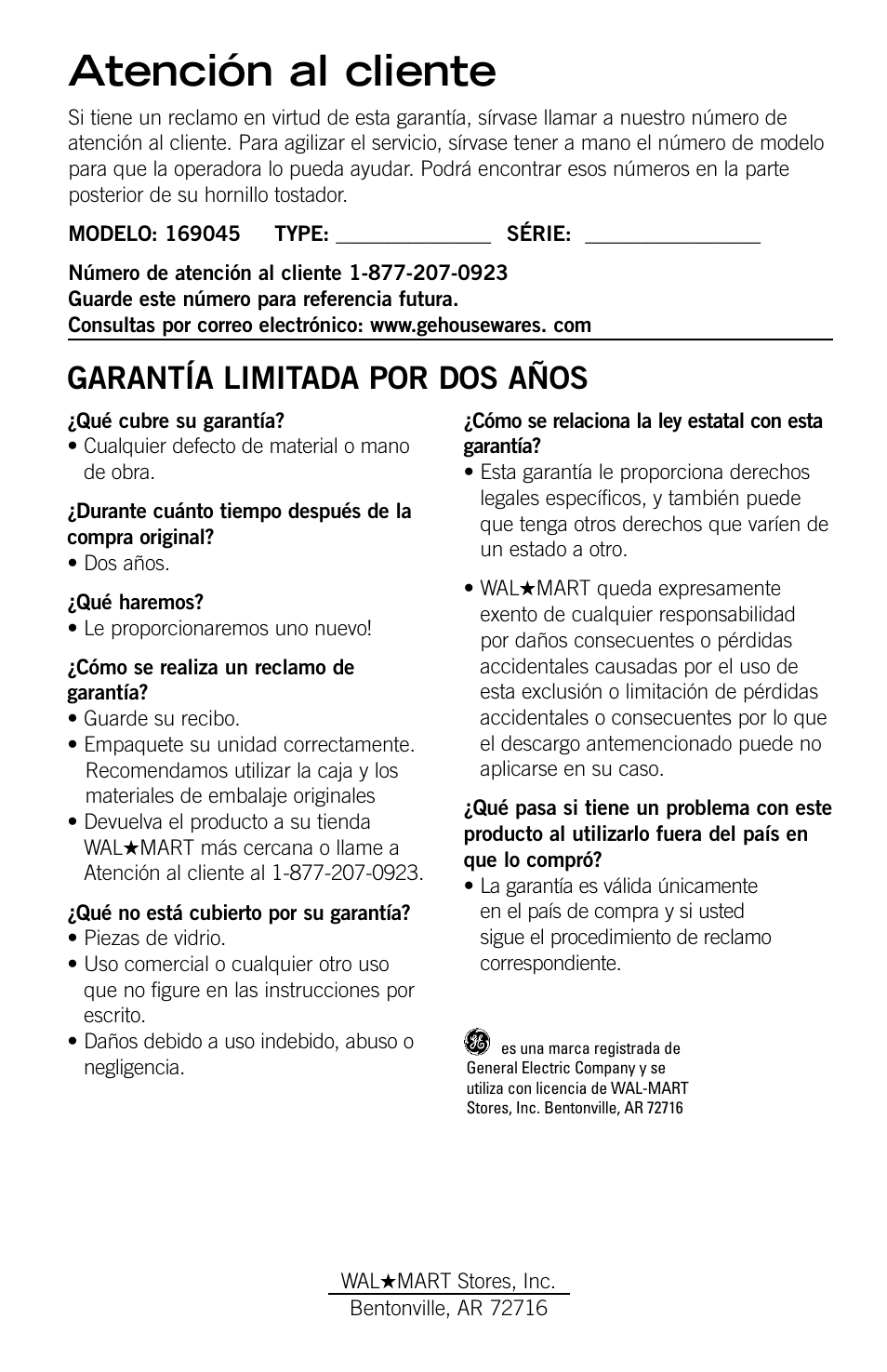 Atención al cliente, Garantía limitada por dos años | GE 169045 User Manual | Page 18 / 18