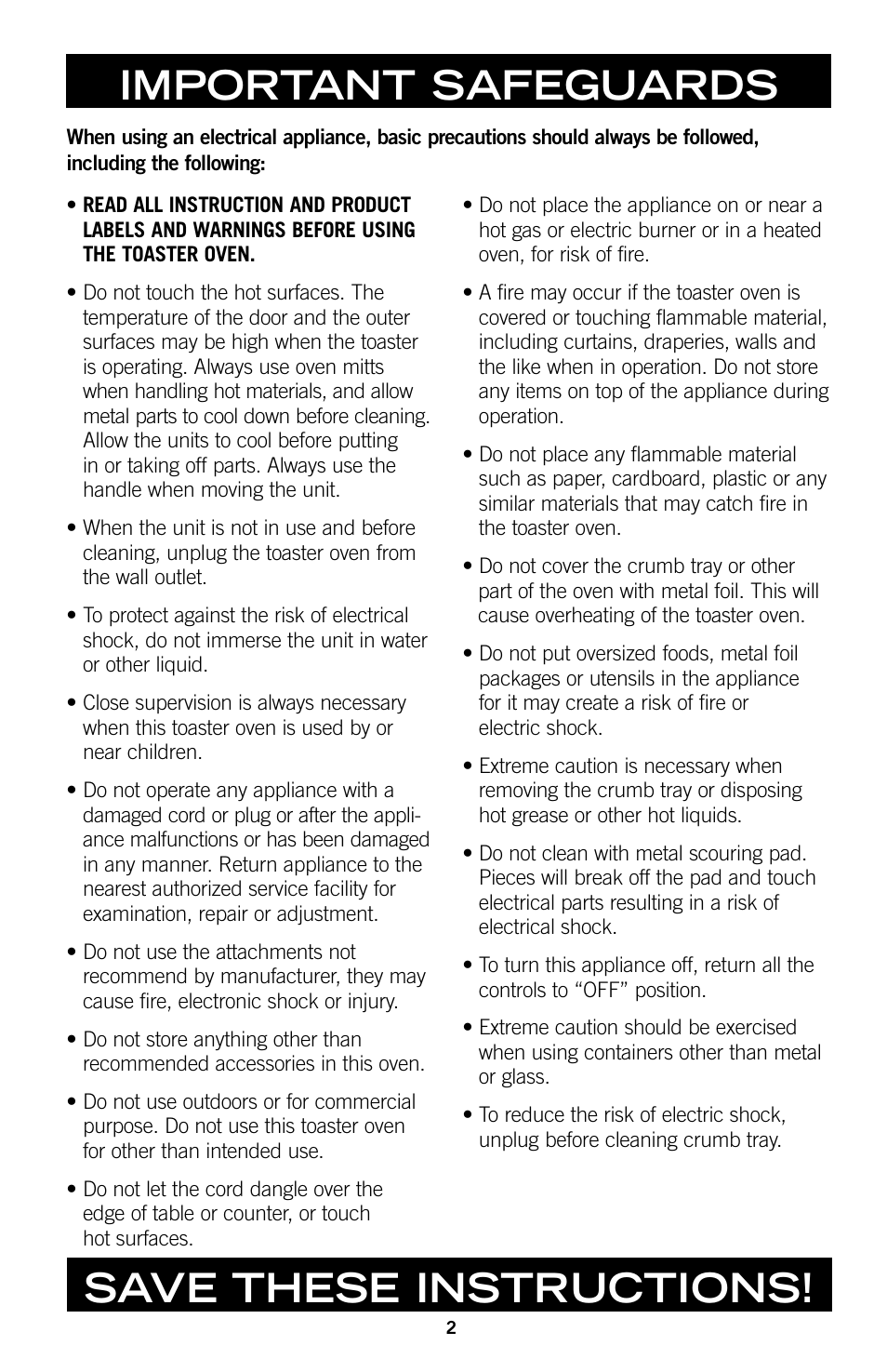 Important safeguards, Save these instructions | GE 169045 User Manual | Page 2 / 18