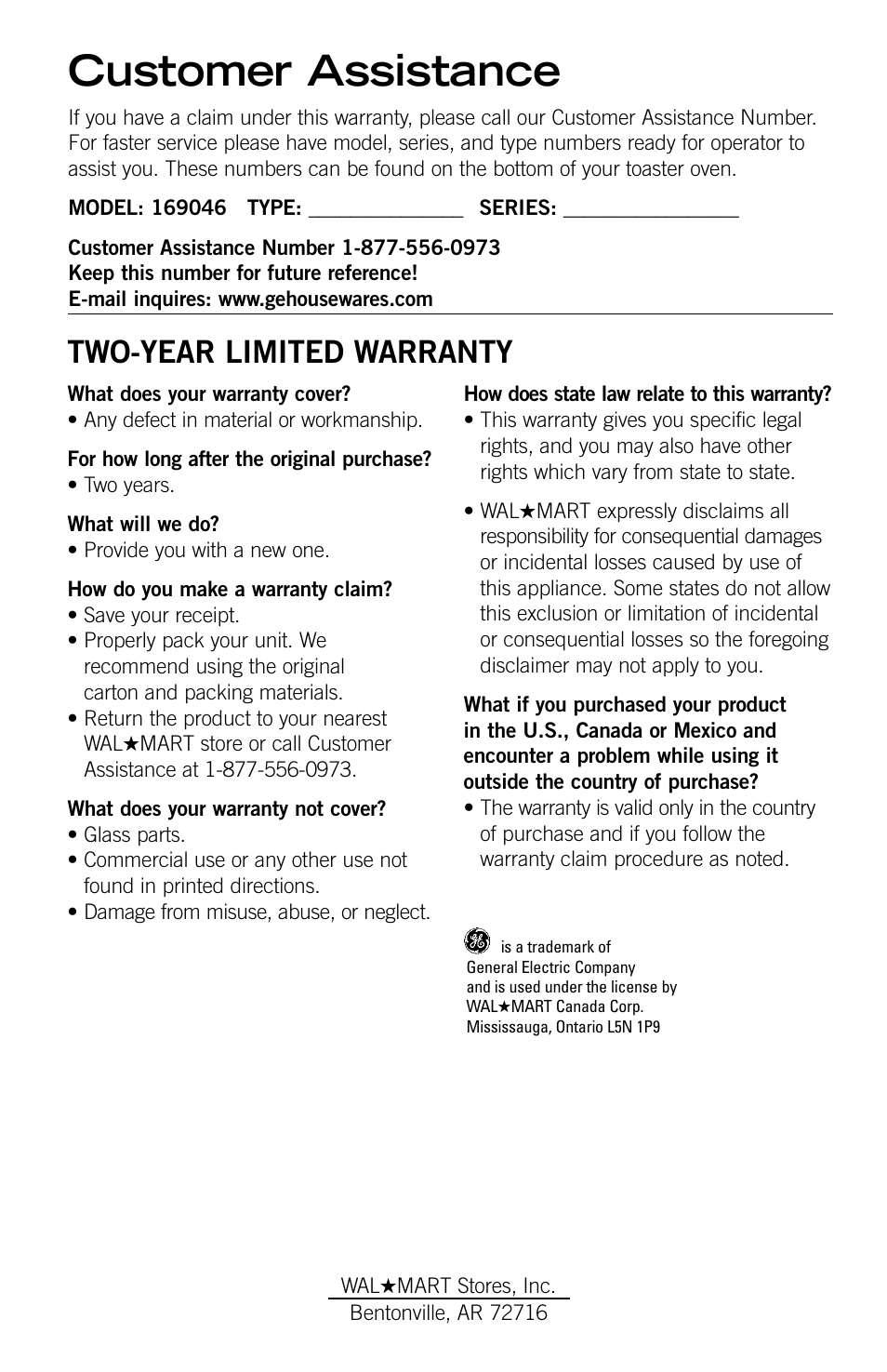 Customer assistance, Two-year limited warranty | GE 169045 User Manual | Page 6 / 18