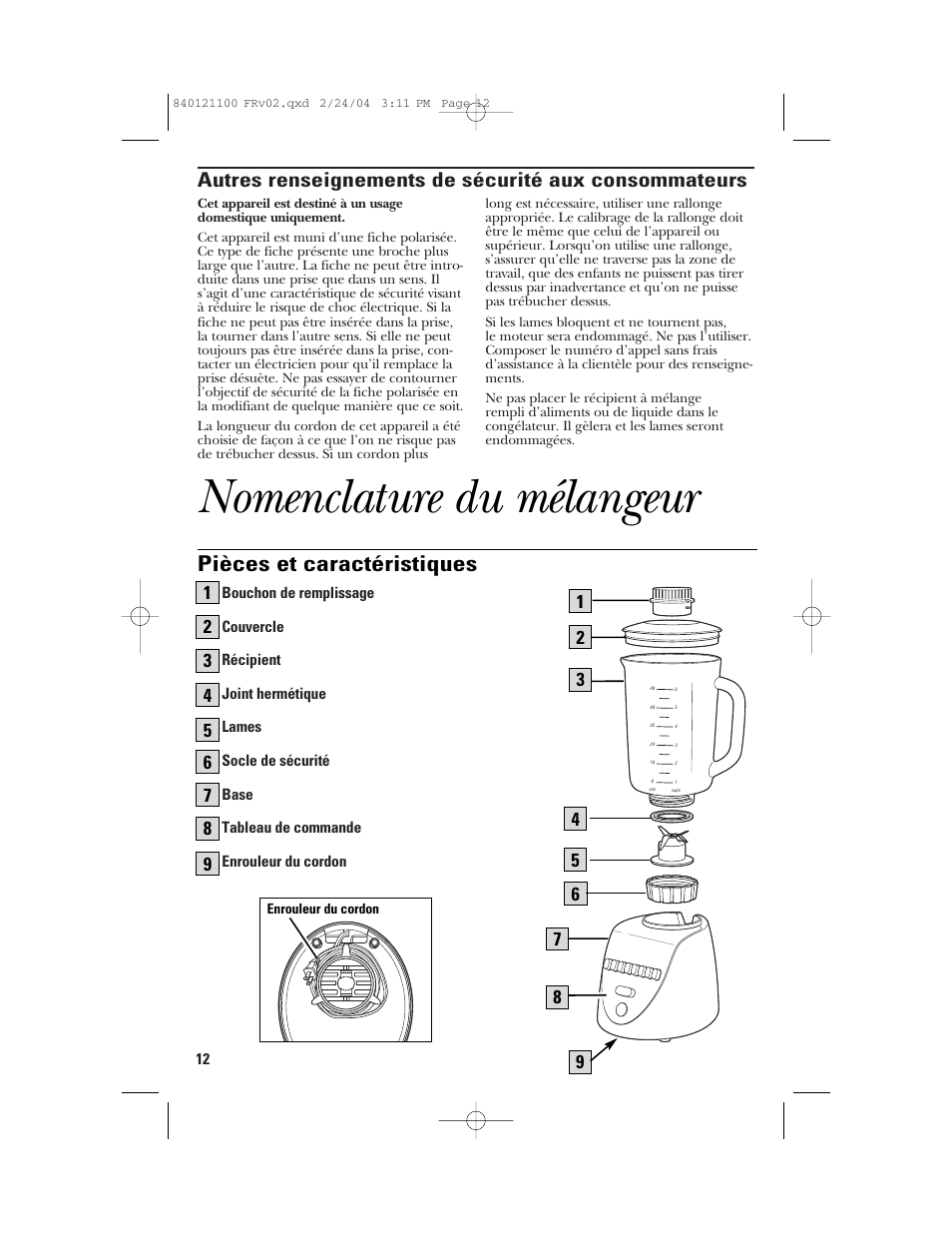 Nomenclature du mélangeur, Pièces et caractéristiques | GE 168986 User Manual | Page 12 / 28