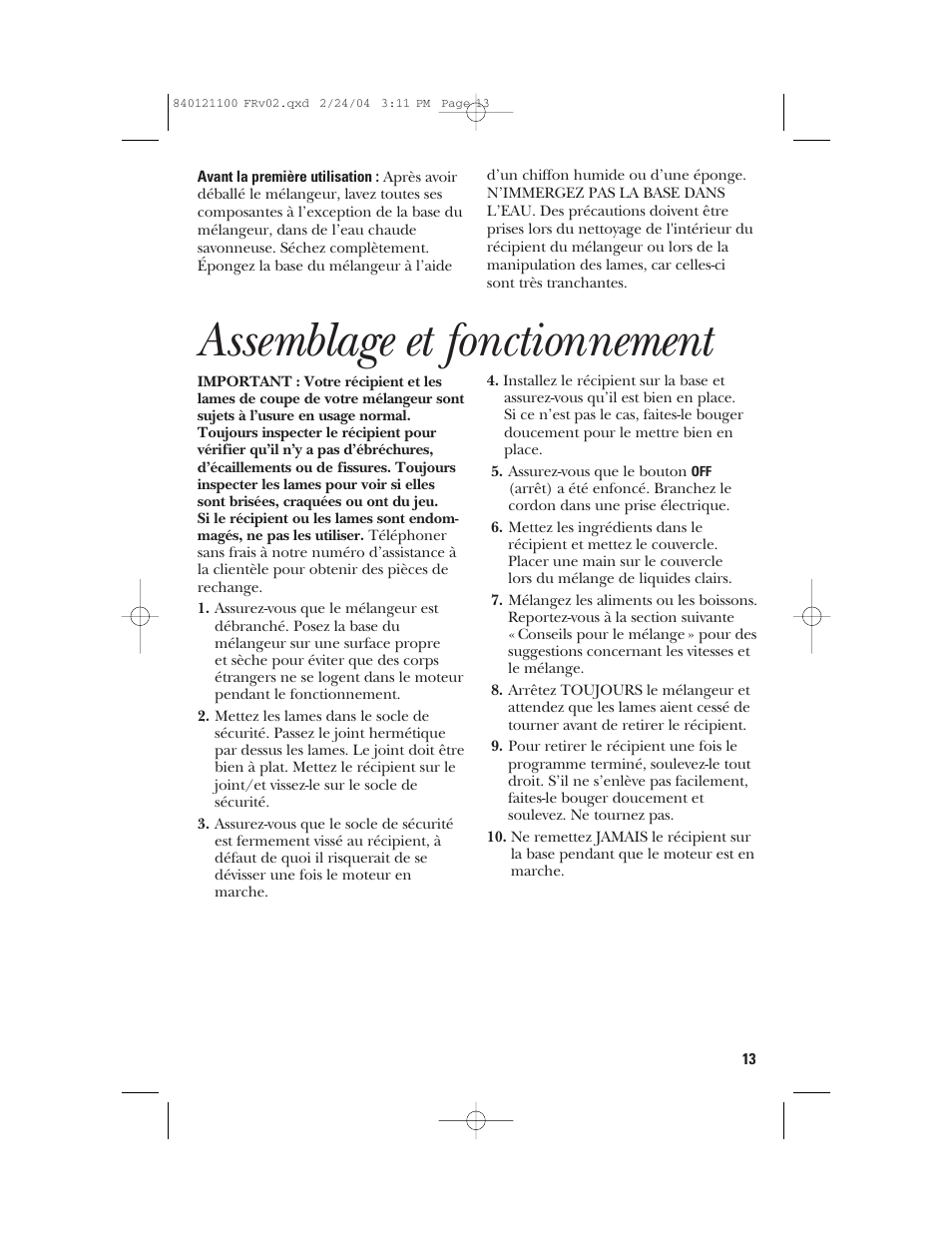 Assemblage et fonctionnement | GE 168986 User Manual | Page 13 / 28