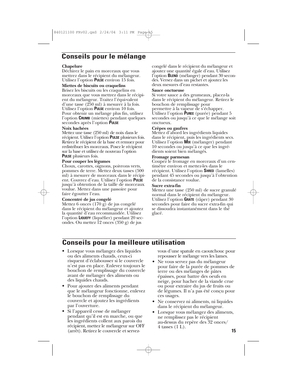 Conseils pour la meilleure utilisation, Conseils pour le mélange | GE 168986 User Manual | Page 15 / 28