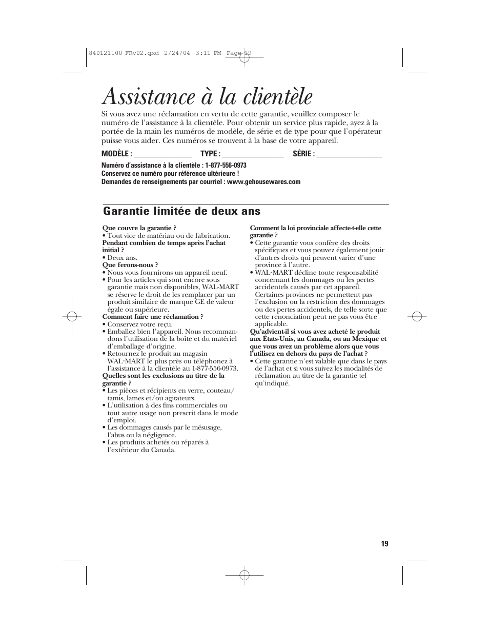 Assistance à la clientèle, Garantie limitée de deux ans | GE 168986 User Manual | Page 19 / 28