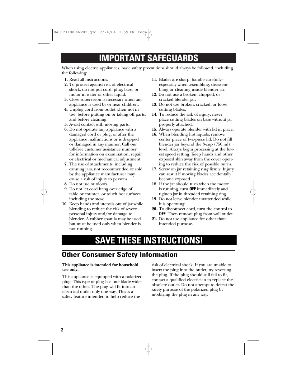 Important safeguards save these instructions, Other consumer safety information | GE 168986 User Manual | Page 2 / 28