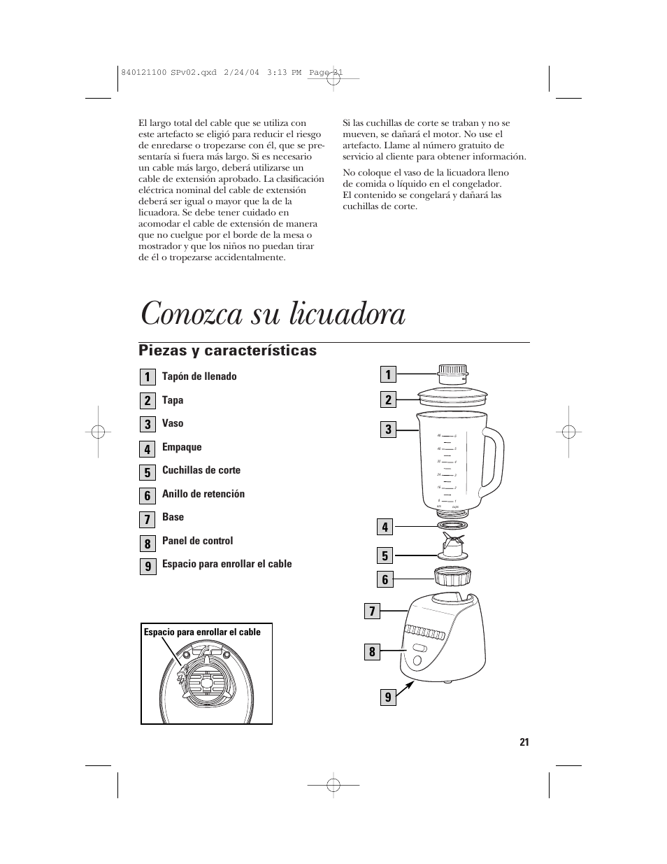 Conozca su licuadora, Piezas y características | GE 168986 User Manual | Page 21 / 28