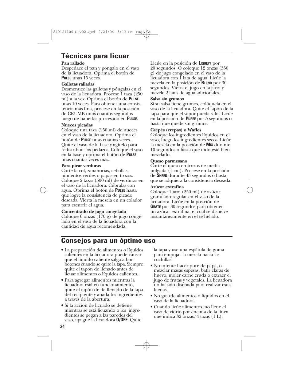 Consejos para un óptimo uso, Técnicas para licuar | GE 168986 User Manual | Page 24 / 28
