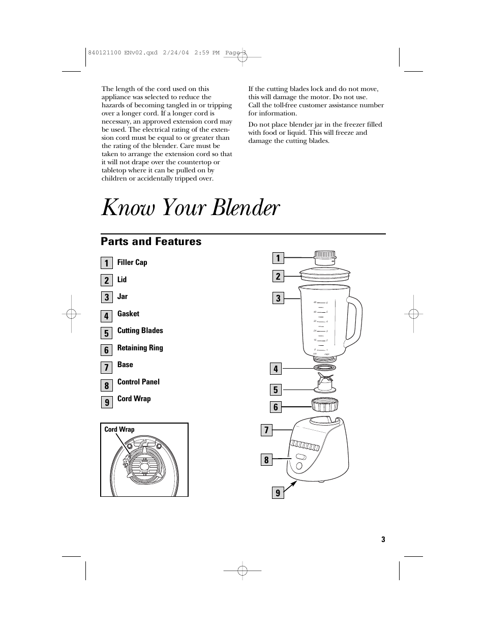 Know your blender, Parts and features | GE 168986 User Manual | Page 3 / 28