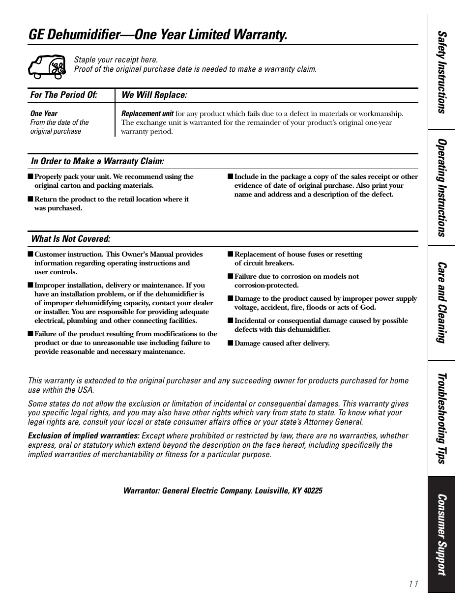 Warranty, Ge dehumidifier—one year limited warranty | GE AHH40LJ User Manual | Page 11 / 24