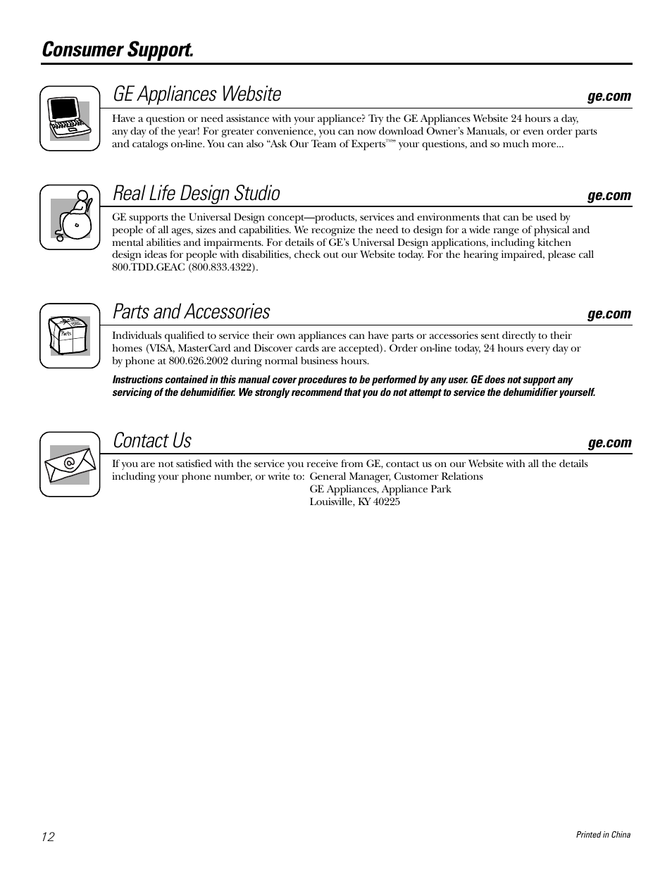 Consumer support, Consumer support. ge appliances website, Real life design studio | Parts and accessories, Contact us | GE AHH40LJ User Manual | Page 12 / 24