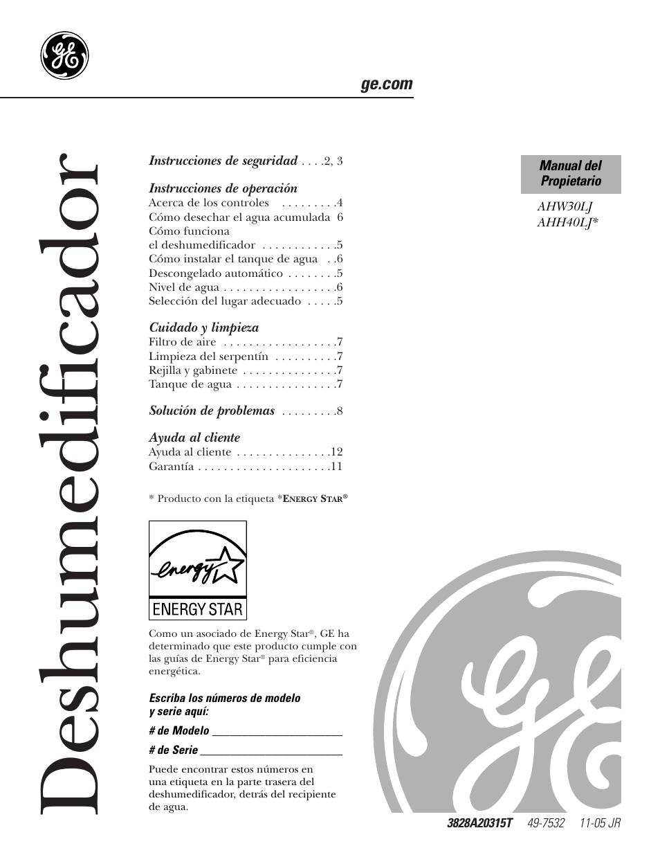 Español, Instrucciones de operación, Cuidado y limpieza | Ayuda al cliente, Deshumedificador | GE AHH40LJ User Manual | Page 13 / 24