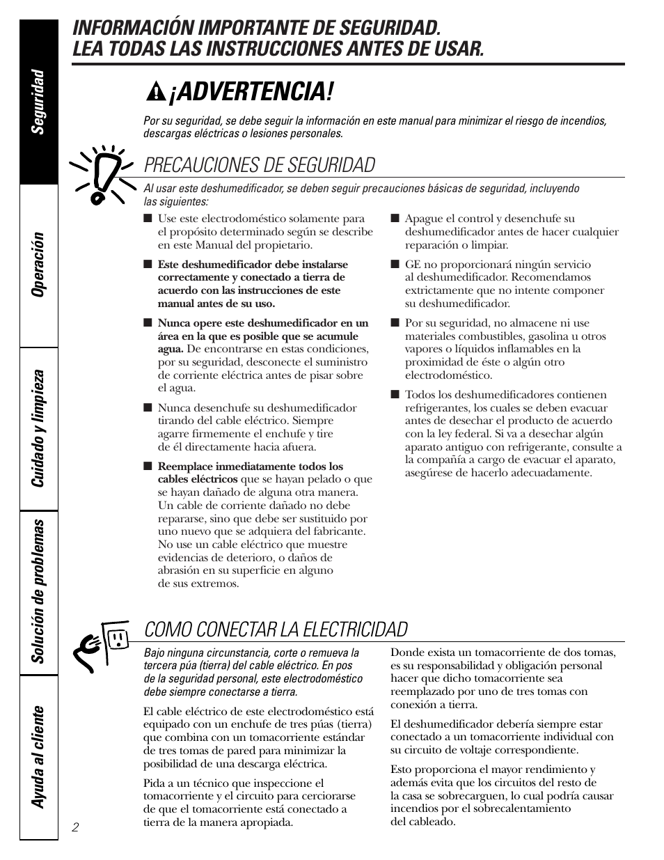 Instrucciones de seguridad, Advertencia, Precauciones de seguridad | Como conectar la electricidad | GE AHH40LJ User Manual | Page 14 / 24