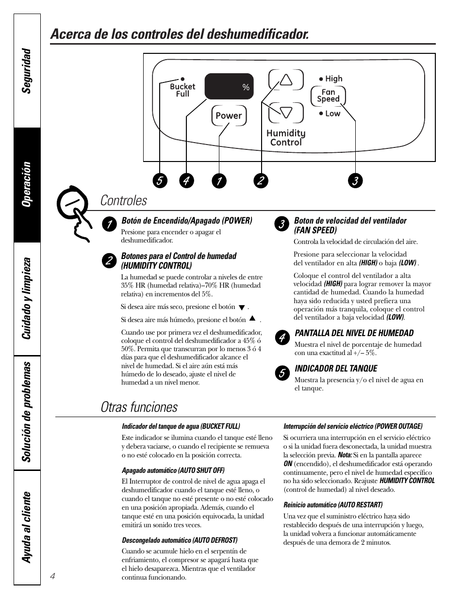 Acerca de los controles, Otras funciones | GE AHH40LJ User Manual | Page 16 / 24