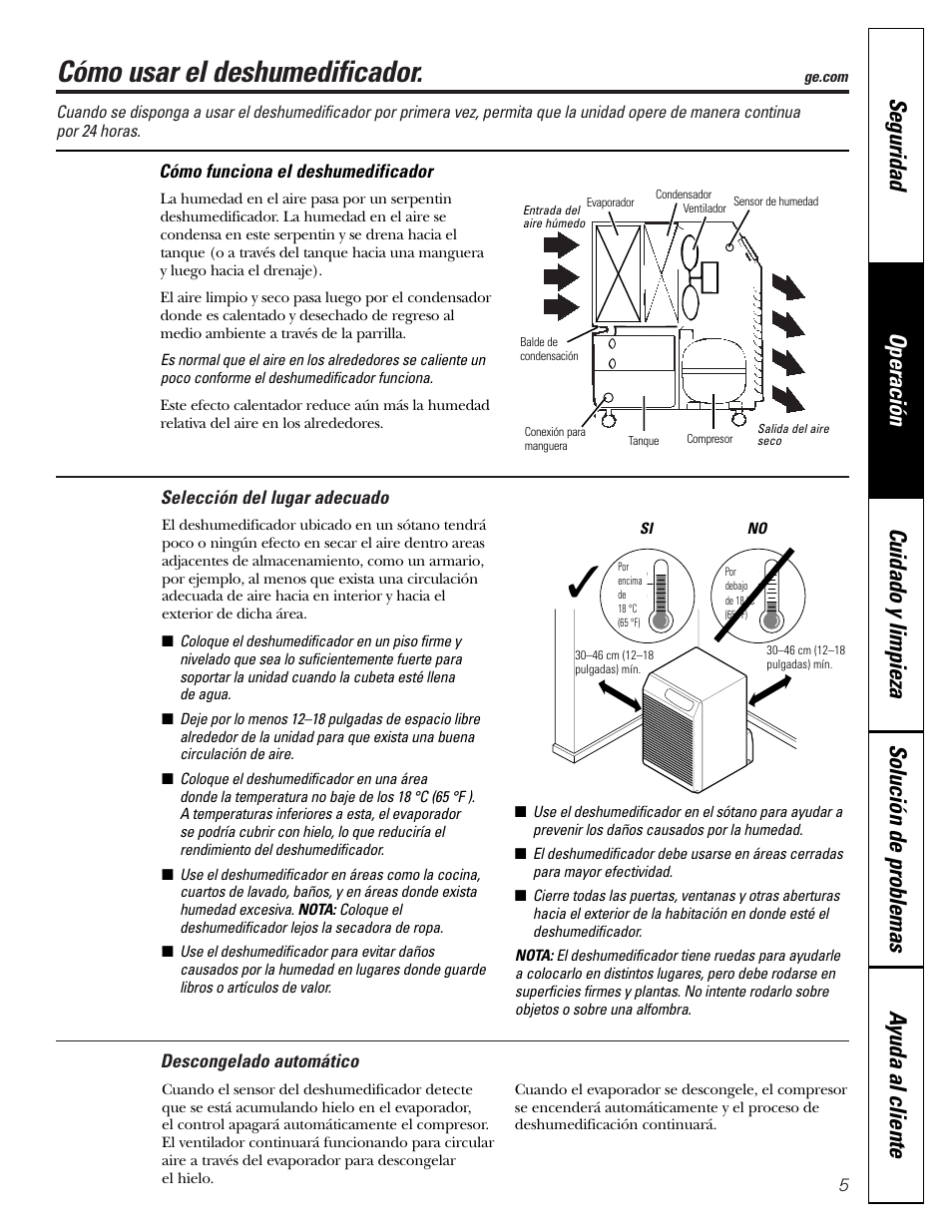 Cómo funciona el deshumedificador, Descongelado automático, Selección del lugar adecuado | Cómo usar el deshumedificador | GE AHH40LJ User Manual | Page 17 / 24