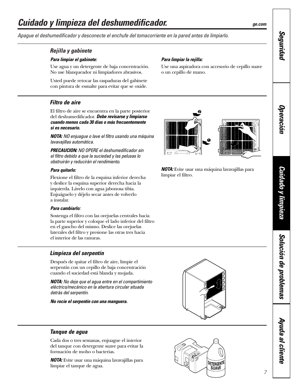 Filtro de aire, Limpieza del serpentín, Rejilla y gabinete | Tanque de agua, Cuidado y limpieza del deshumedificador | GE AHH40LJ User Manual | Page 19 / 24