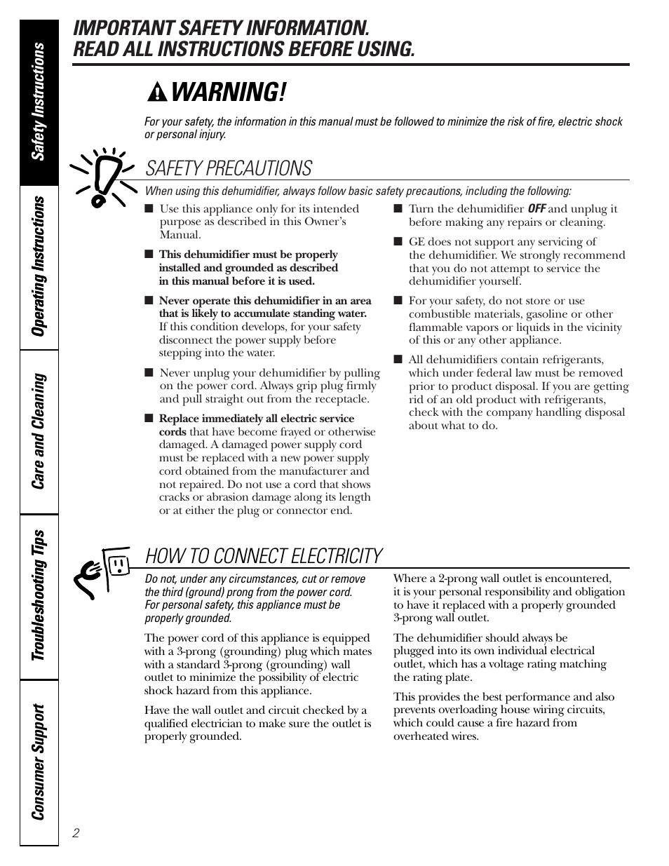 Safety instructions, Warning, Safety precautions | How to connect electricity | GE AHH40LJ User Manual | Page 2 / 24