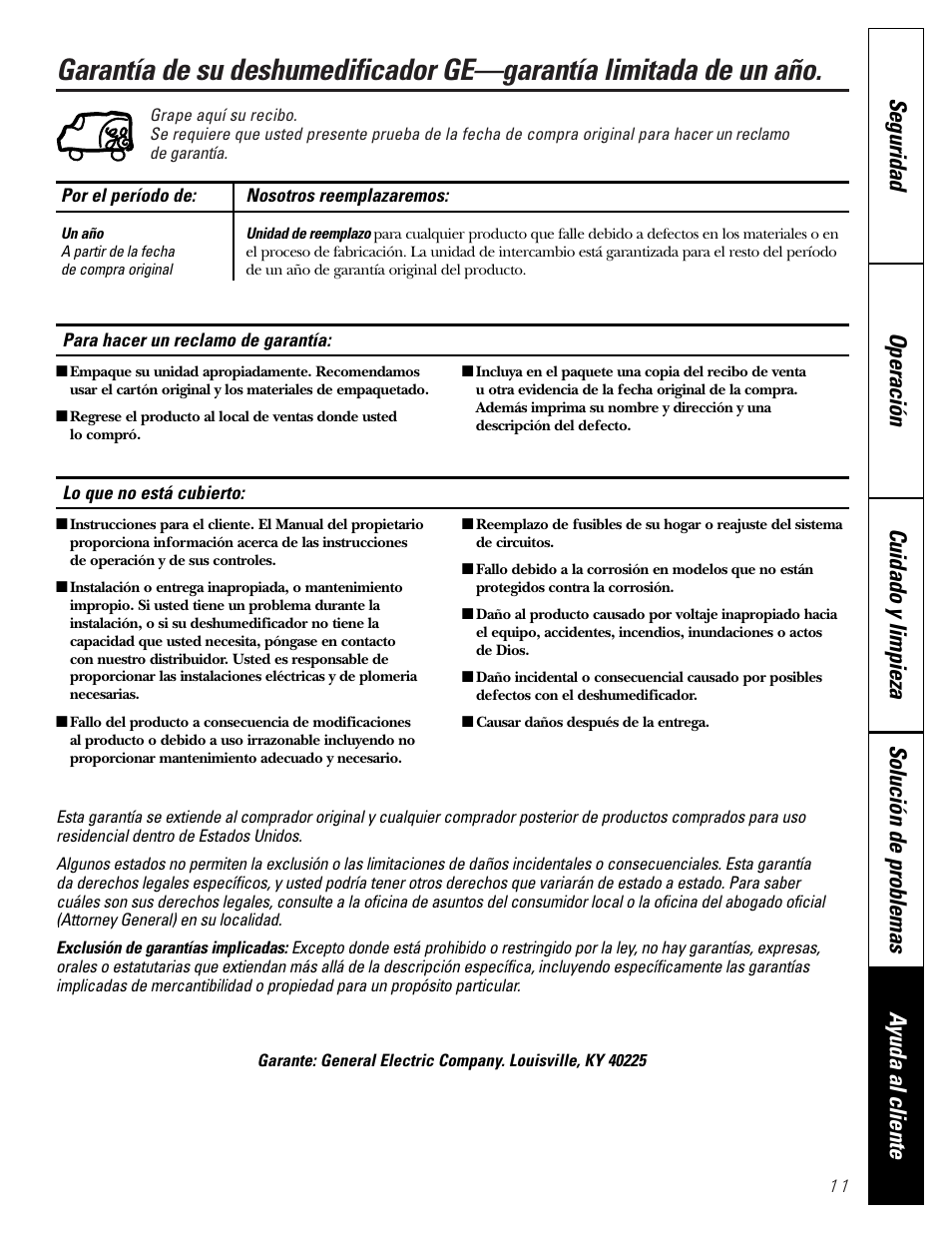 Garantía | GE AHH40LJ User Manual | Page 23 / 24