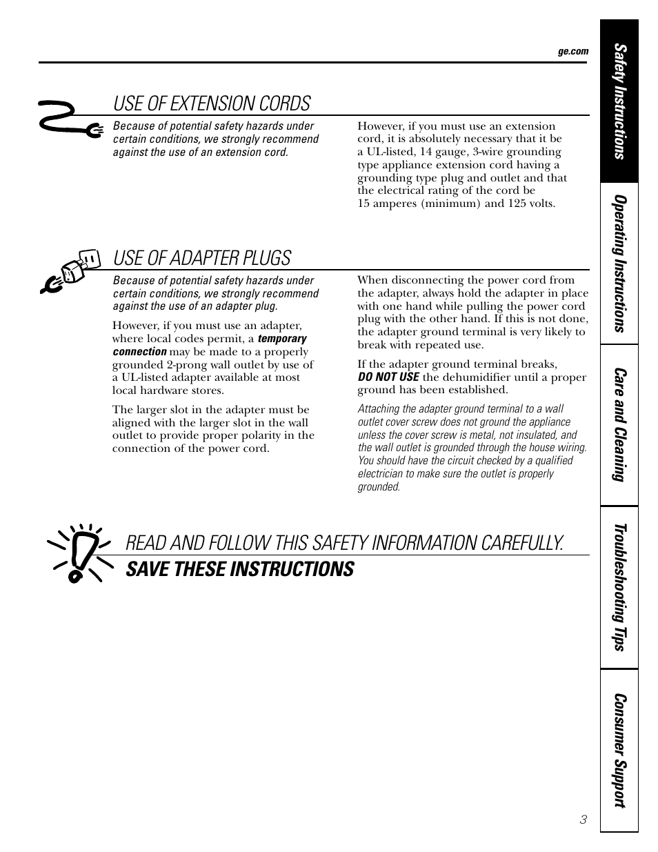 Use of extension cords | GE AHH40LJ User Manual | Page 3 / 24