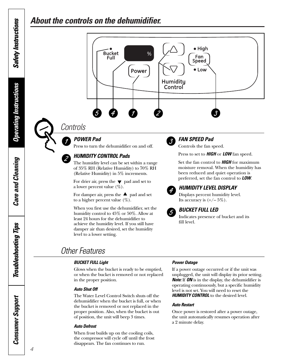 About the controls on the dehumidifier, About the controls on the dehumidifier. controls, Other features | GE AHH40LJ User Manual | Page 4 / 24