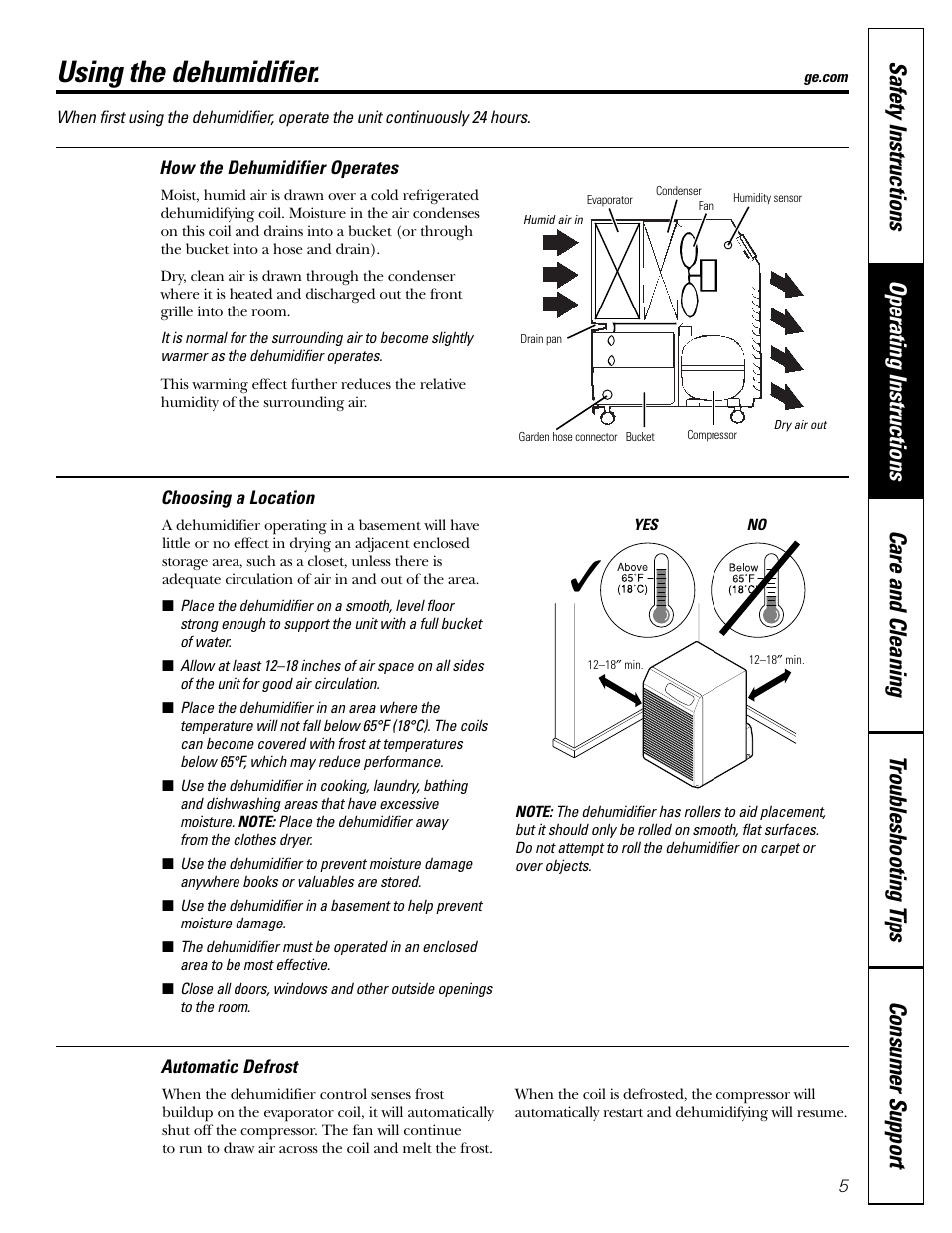 Automatic defrost, Choosing a location, How the dehumidifier operates | Using the dehumidifier | GE AHH40LJ User Manual | Page 5 / 24