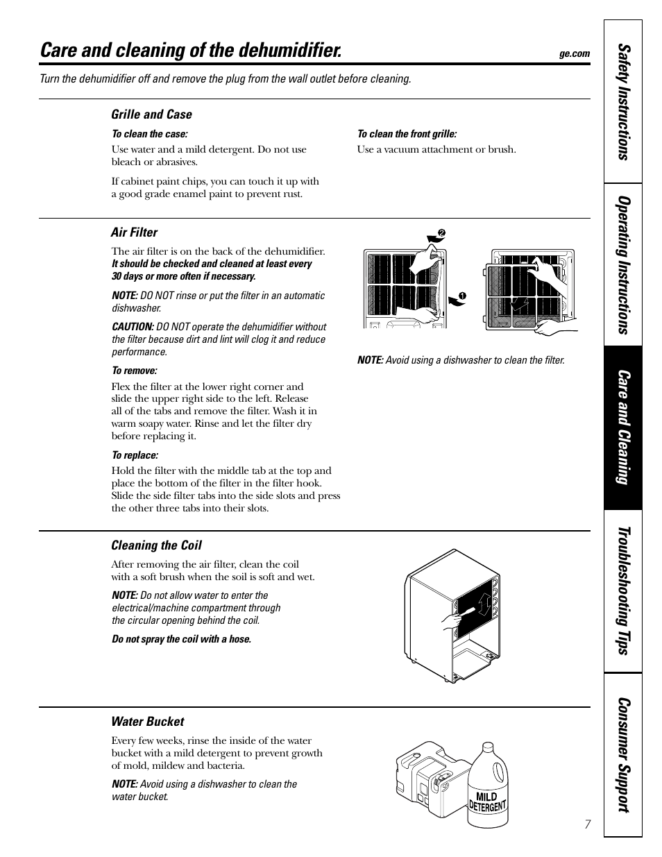 Air filter, Cleaning the coil, Grille and case | Water bucket, Care and cleaning of the dehumidifier | GE AHH40LJ User Manual | Page 7 / 24