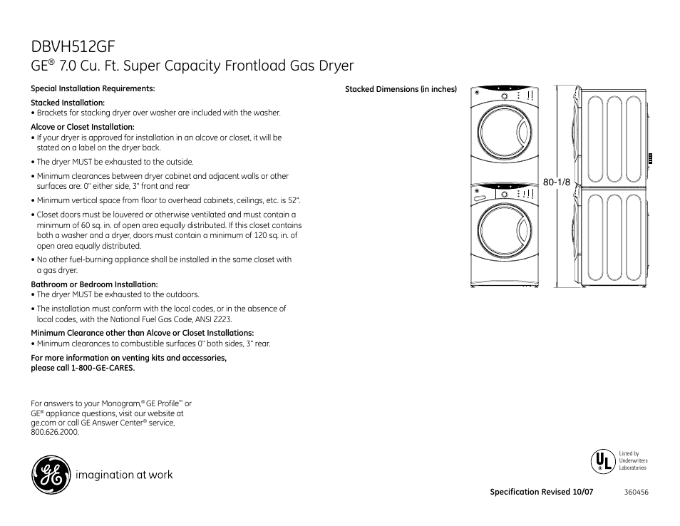 Dbvh512gf, 0 cu. ft. super capacity frontload gas dryer | GE DBVH512GF User Manual | Page 2 / 4