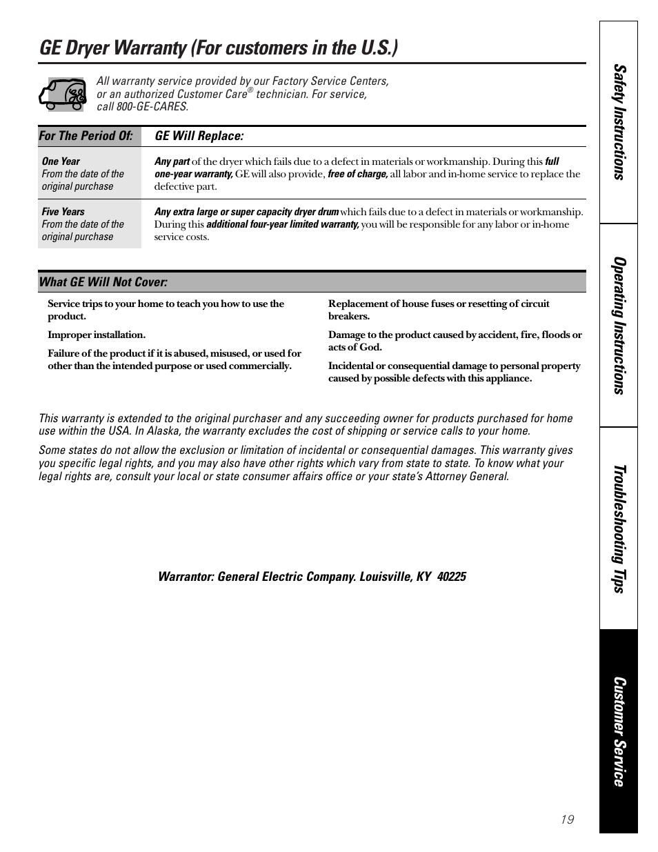 Warranty, Ge dryer warranty (for customers in the u.s.) | GE 463 User Manual | Page 19 / 20