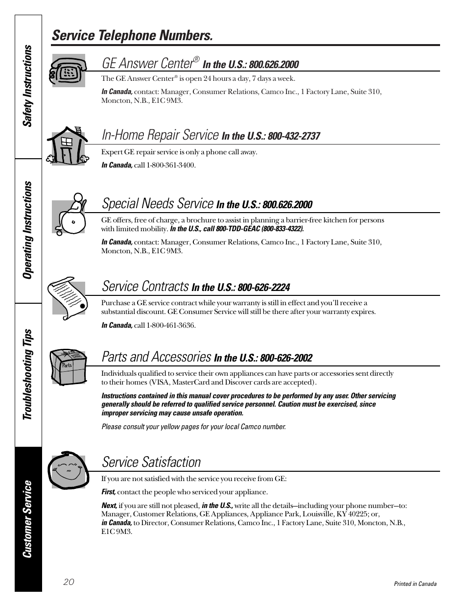 Service telephone numbers, Service telephone numbers. ge answer center, In-home repair service | Special needs service, Service contracts, Parts and accessories, Service satisfaction | GE 463 User Manual | Page 20 / 20