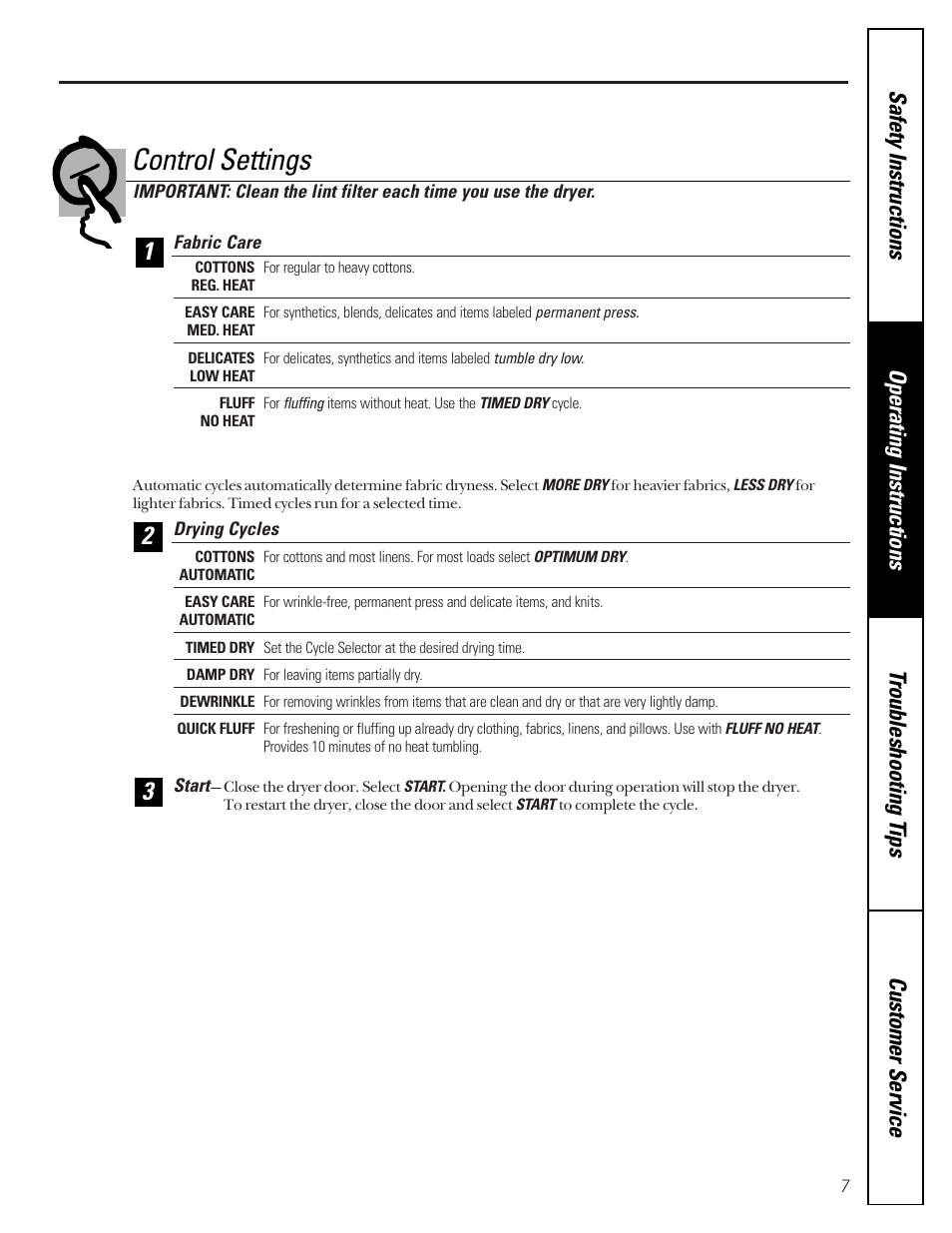 Control settings | GE 463 User Manual | Page 7 / 20
