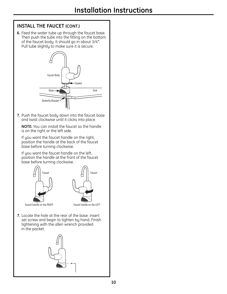 Installation instructions, Install the faucet | GE GXSL55R User Manual | Page 10 / 48