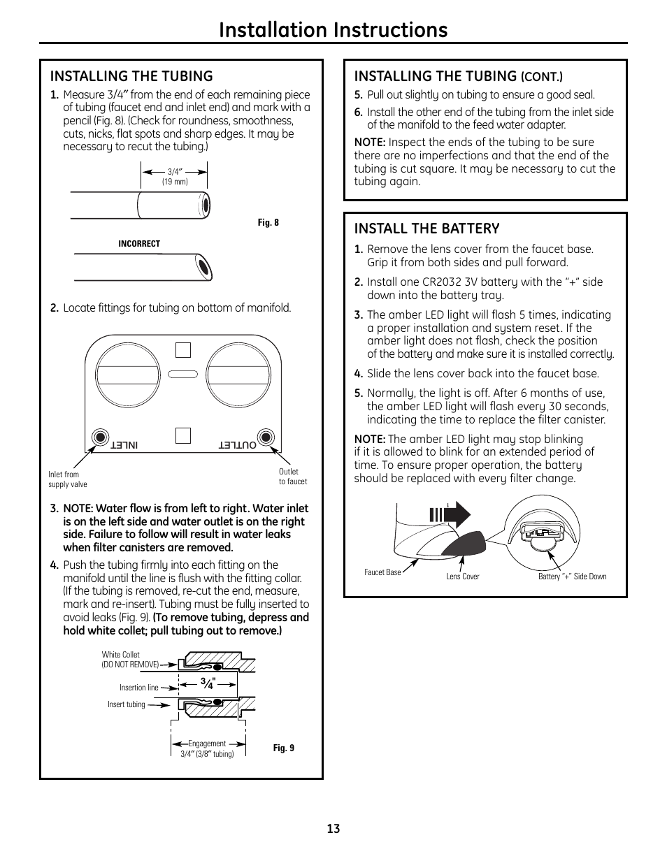 Battery installation, Installing the tubing, Installation instructions | Install the battery | GE GXSL55R User Manual | Page 13 / 48