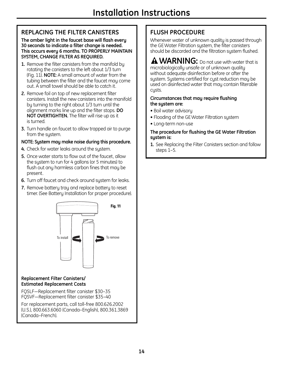 Filter replacement, Flush procedure, Filter replacement flush procedure | Installation instructions, Warning | GE GXSL55R User Manual | Page 14 / 48