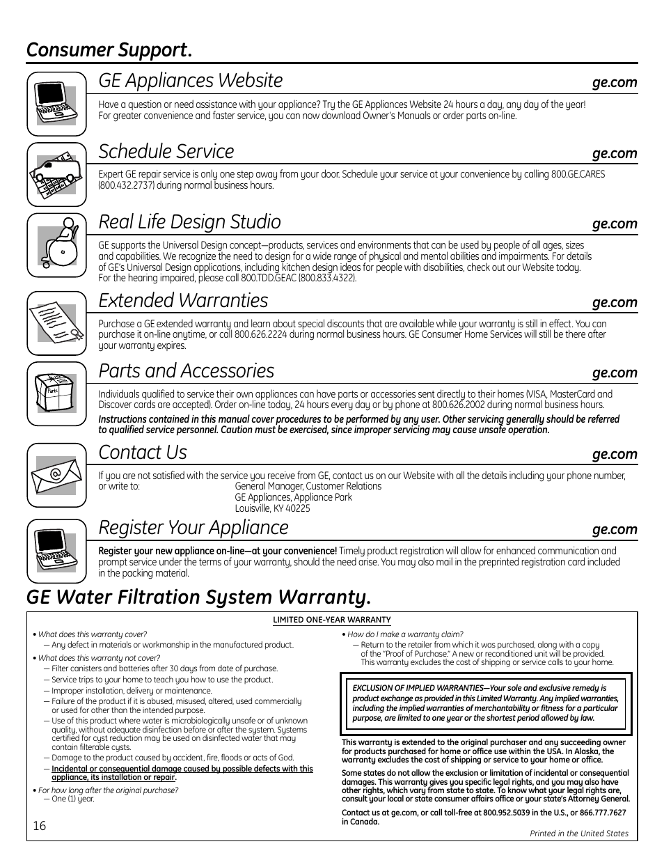 Consumer support, Consumer support. ge appliances website, Schedule service | Real life design studio, Extended warranties, Parts and accessories, Contact us, Register your appliance, Ge water filtration system warranty | GE GXSL55R User Manual | Page 16 / 48