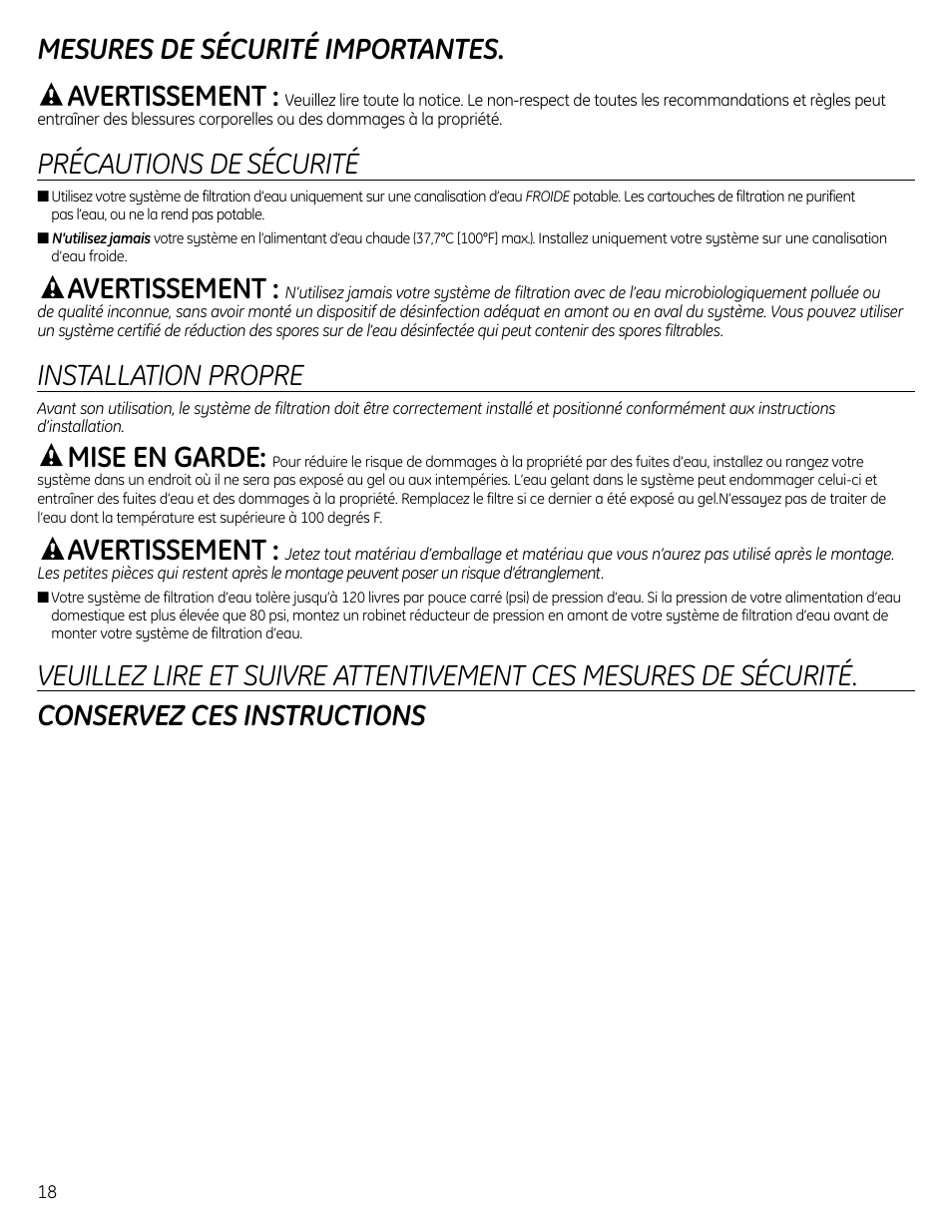 Instructions de sécurité, Mesures de sécurité importantes. avertissement, Précautions de sécurité | Avertissement, Installation propre, Mise en garde | GE GXSL55R User Manual | Page 18 / 48