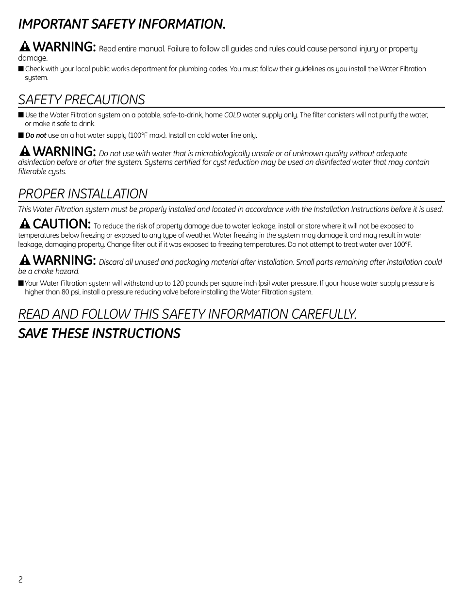 Safety instructions, Important safety information. warning, Safety precautions | Warning, Proper installation, Caution | GE GXSL55R User Manual | Page 2 / 48