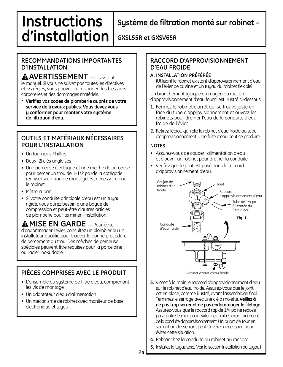 Instructions d’installation, Approvisionnement en eau, Approvisionnement en eau , 25 | Instructions, D’installation, Système de filtration monté sur robinet, Avertissement, Mise en garde | GE GXSL55R User Manual | Page 24 / 48