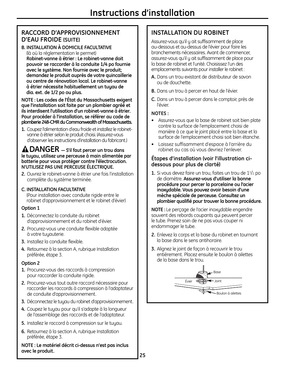 Installation du robinet, Installation du robinet , 26, Instructions d’installation | Danger, Raccord d’approvisionnement d’eau froide | GE GXSL55R User Manual | Page 25 / 48