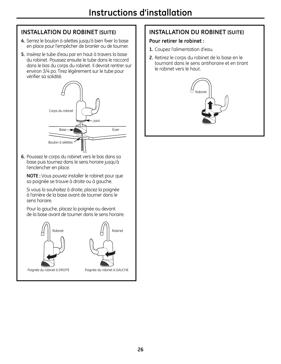 Instructions d’installation, Installation du robinet | GE GXSL55R User Manual | Page 26 / 48