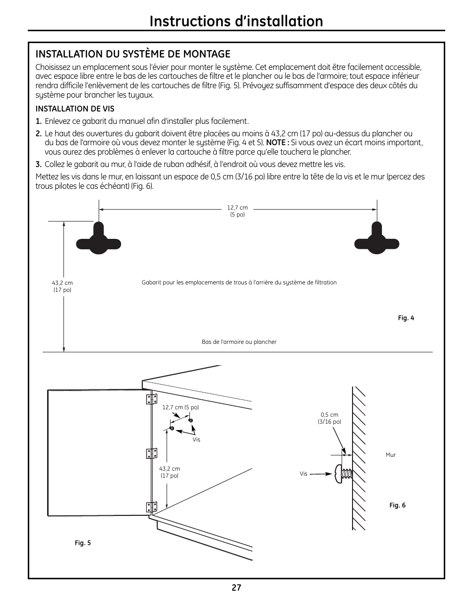 Installation du système, Installation du système , 28, Instructions d’installation | Installation du système de montage | GE GXSL55R User Manual | Page 27 / 48